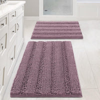 2pcs H.VERSAILTEX Sage Bathroom Rugs, Bath Mat Set of 2 Extra Thick Chenille Striped Pattern Shaggy Bath Rugs for Bathroom, Non Skid Bath Mats for Bathroom Floor