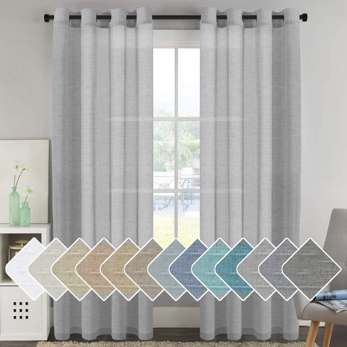 2pcs H.VERSAILTEX Natural Linen Sheer Curtains Flax Linen Blended Curtain Panels Living Room Sheer Curtains, Nickel Grommet Semitransparent Semi-Sheer Soft Privacy Drapes