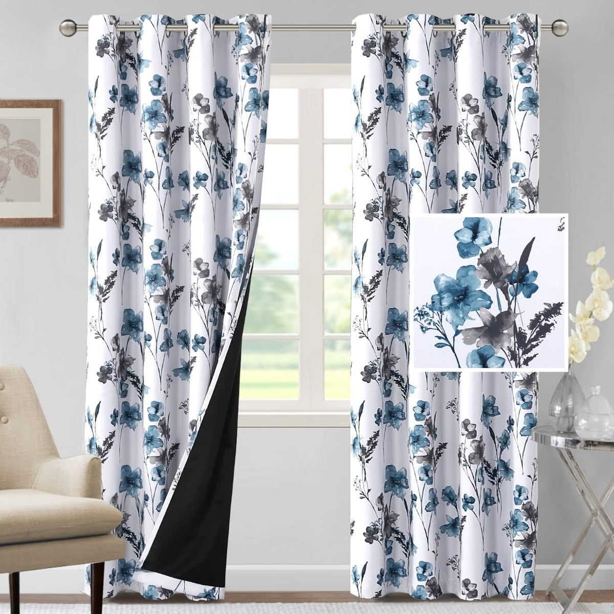 H.VERSAILTEX 100% Blackout Curtains for Living Room Camellia Floral 84 Inches Long Light Blocking Window Treatment with Black Liner Grommet Thermal Drapes, 2 Panels, Grey