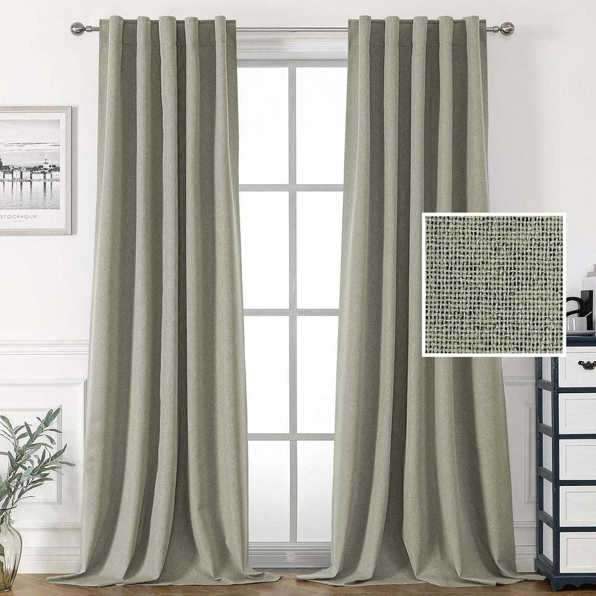 H.VERSAILTEX 100% Blackout Linen Look Curtains for Bedroom 84 inch Light Blocking Drapes with Double Face Linen Back Tab Loop Pocket Textured Burlap Curtains for Living Room 2 Panels, Heather White