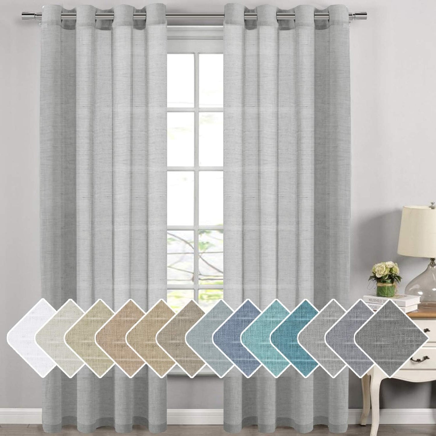 2pcs H.VERSAILTEX Natural Linen Sheer Curtains Flax Linen Blended Curtain Panels Living Room Sheer Curtains, Nickel Grommet Semitransparent Semi-Sheer Soft Privacy Drapes