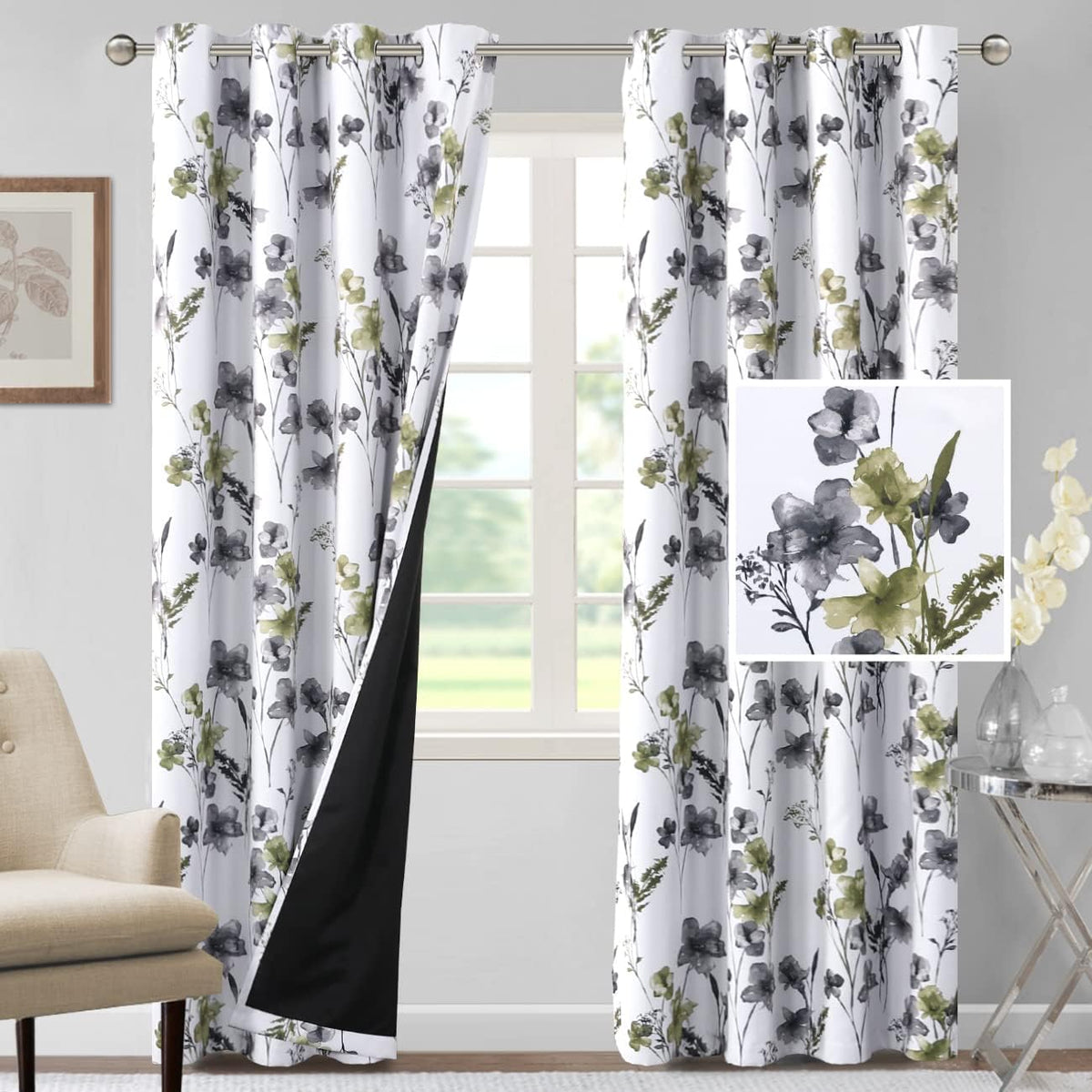 H.VERSAILTEX 100% Blackout Curtains for Living Room Camellia Floral 84 Inches Long Light Blocking Window Treatment with Black Liner Grommet Thermal Drapes, 2 Panels, Grey