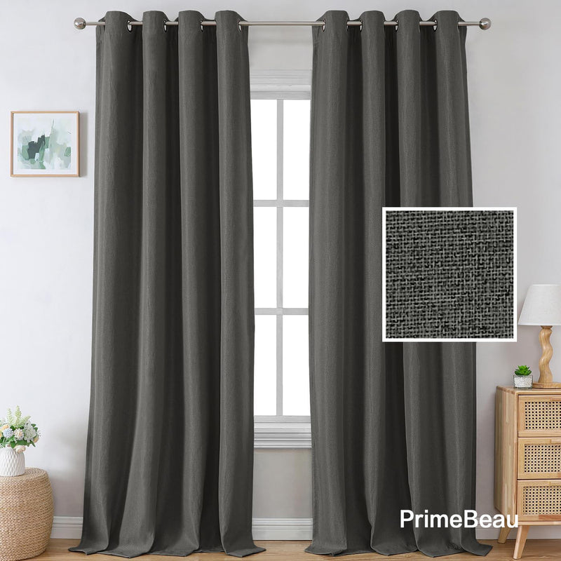 PrimeBeau Linen Blackout Curtains for Bedroom/Living Room Thermal Insulated Grommet Curtain Drapes Primitive Textured Linen Burlap Effect Window Draperies 2 Panels