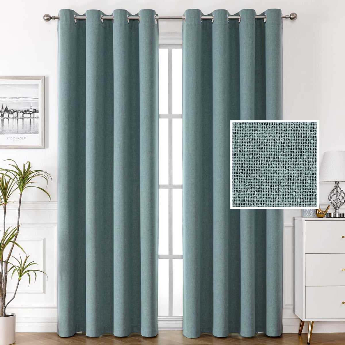 H.VERSAILTEX 100% Blackout Linen Curtains, Thermal Curtains for Living Room & Bedroom, Textured Burlap Curtains with Double Face Linen, Grommet Top, 52 x 84 Inch, 2 Panels - Heather Ivory