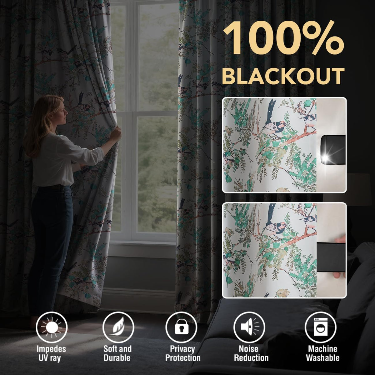 Floral 100% Blackout Vintage Curtains Patterned Thermal Insulated Grommet Window Drapes product feature or detail image