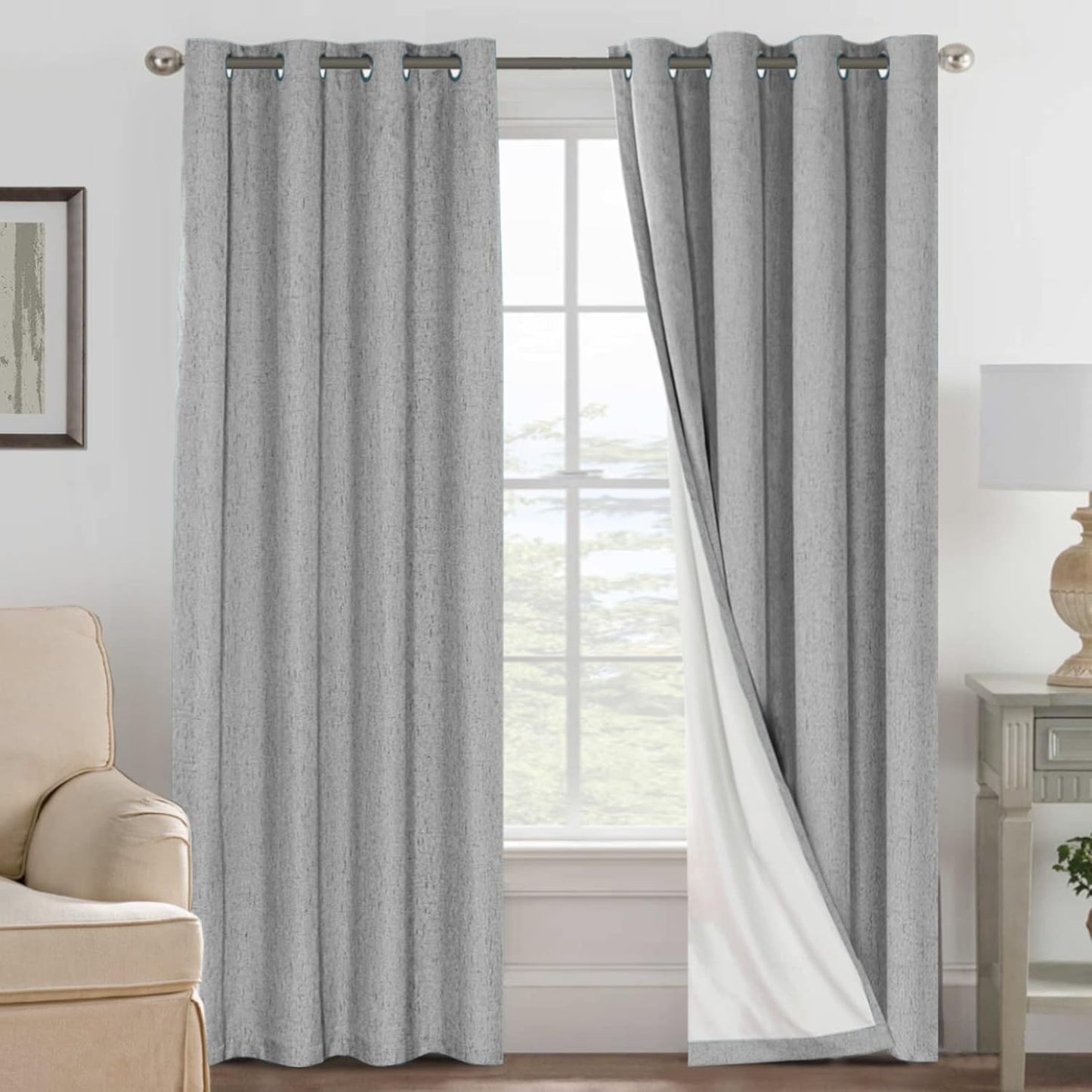 2 pcs  H.VERSAILTEX 100% Blackout Linen Curtains Full Light Blocking Curtains for Bedroom, Textured Window Curtains for Living Room, Energy Efficient Curtains White Liner