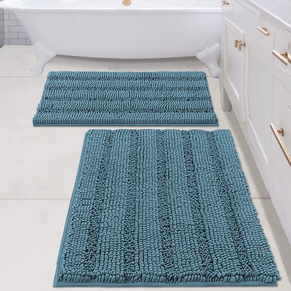 2pcs H.VERSAILTEX Sage Bathroom Rugs, Bath Mat Set of 2 Extra Thick Chenille Striped Pattern Shaggy Bath Rugs for Bathroom, Non Skid Bath Mats for Bathroom Floor