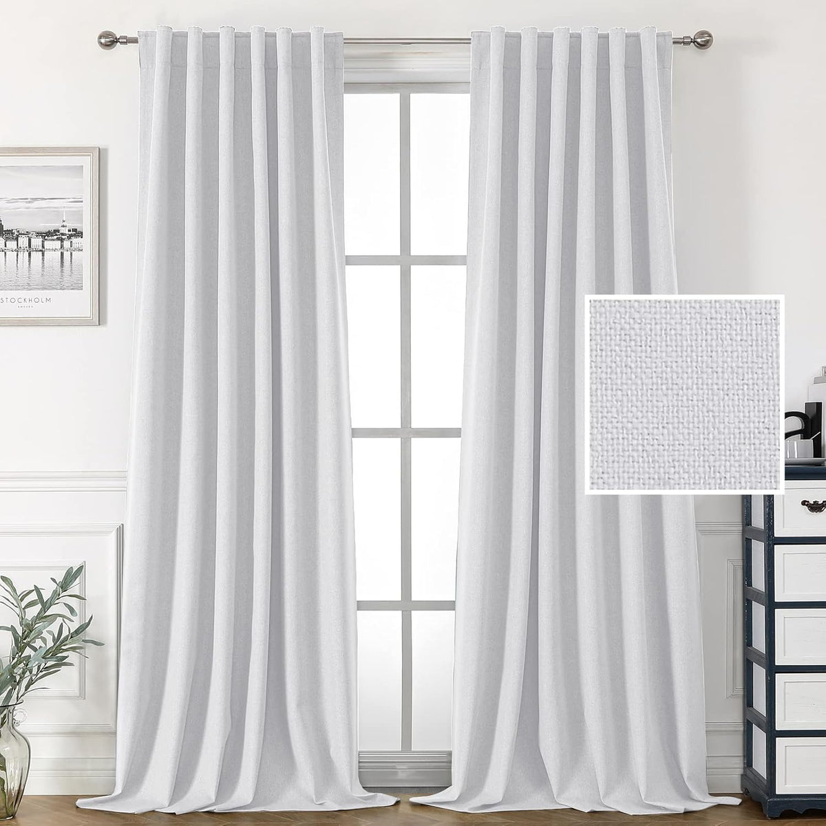 H.VERSAILTEX 100% Blackout Linen Look Curtains for Bedroom 84 inch Light Blocking Drapes with Double Face Linen Back Tab Loop Pocket Textured Burlap Curtains for Living Room 2 Panels, Heather White