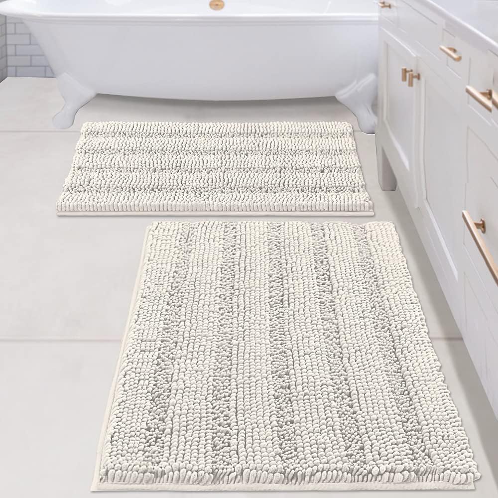 2pcs H.VERSAILTEX Sage Bathroom Rugs, Bath Mat Set of 2 Extra Thick Chenille Striped Pattern Shaggy Bath Rugs for Bathroom, Non Skid Bath Mats for Bathroom Floor