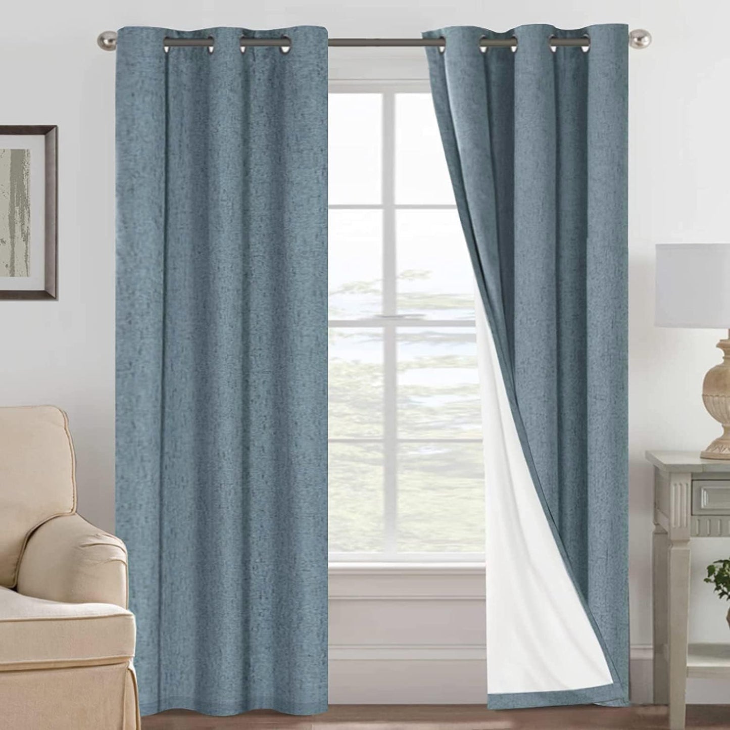 2pcs H.VERSAILTEX Blackout Linen Curtains, 100% Blackout Drapes Textured Blackout Curtains with White Thermal Insulated Liner, Grommet Top Curtains Living Room