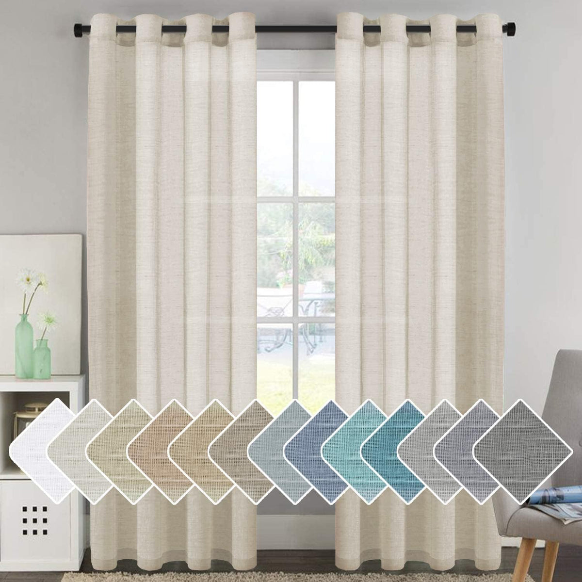 2pcs H.VERSAILTEX Natural Linen Sheer Curtains Flax Linen Blended Curtain Panels Living Room Sheer Curtains, Nickel Grommet Semitransparent Semi-Sheer Soft Privacy Drapes