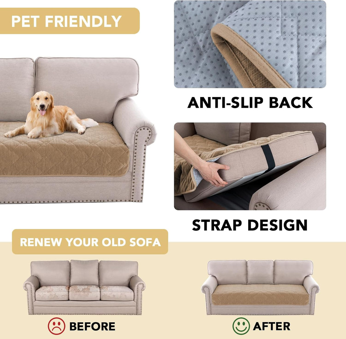 H.VERSAILTEX Chenille Couch Cover Fuzzy Sofa Cover Anti Slip Washable with Strap for Pets