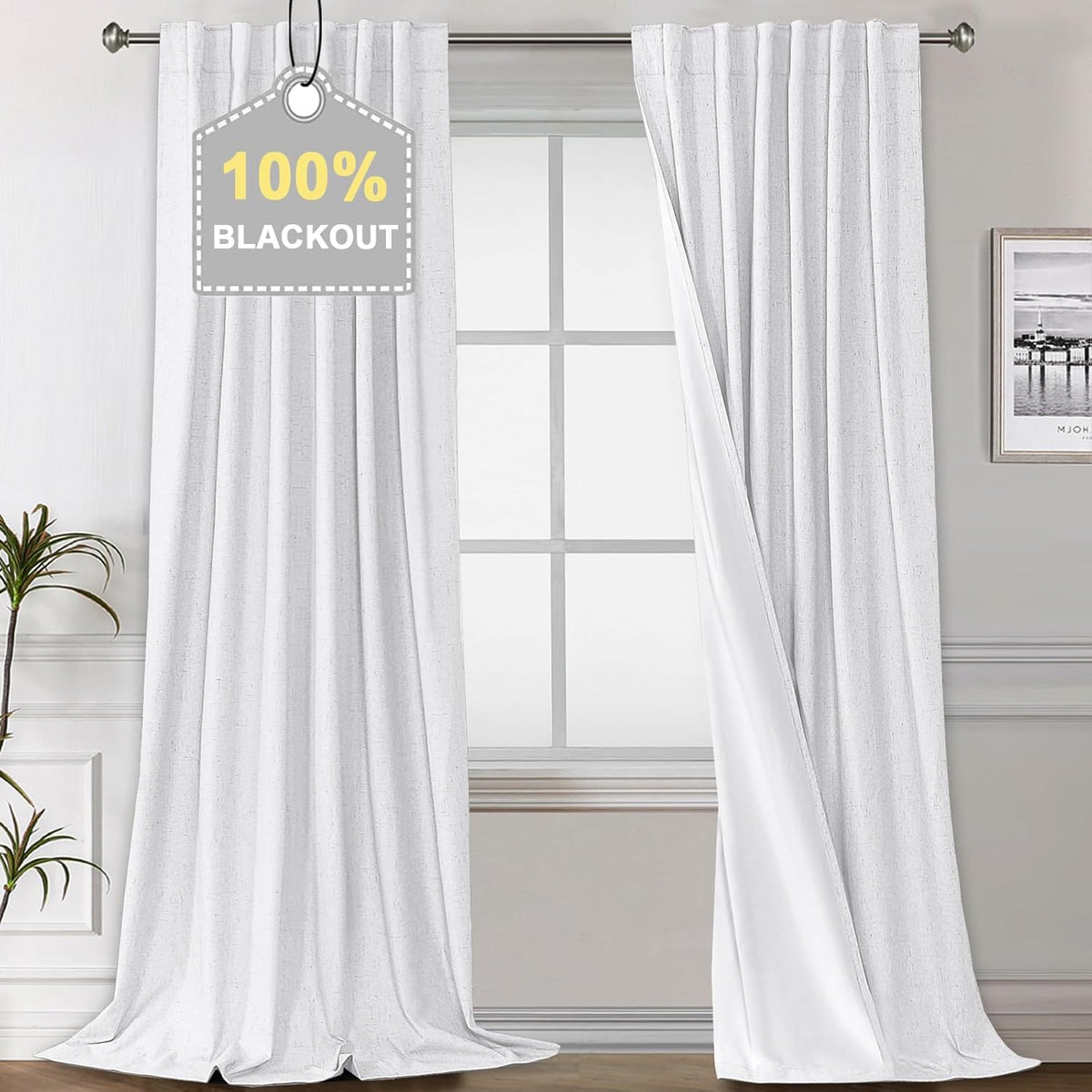 100% Blackout Curtains for Bedroom Faux Linen Texture Thermal Back Tab/Rod Pocket/Hook Belt Draperies 2 Panels