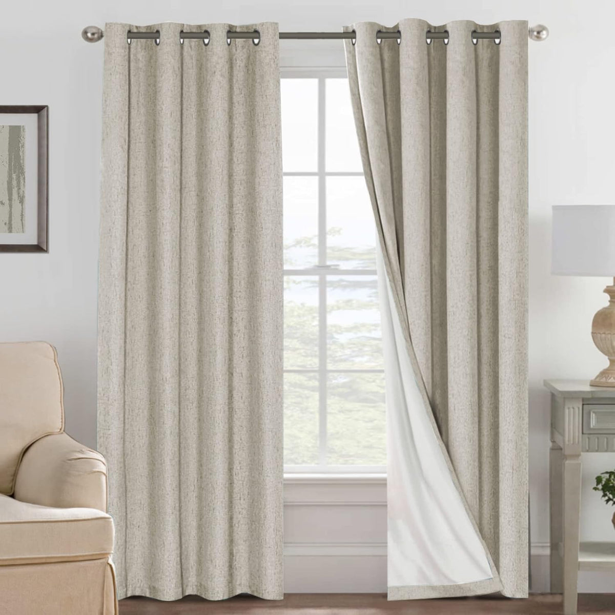 2 pcs  H.VERSAILTEX 100% Blackout Linen Curtains Full Light Blocking Curtains for Bedroom, Textured Window Curtains for Living Room, Energy Efficient Curtains White Liner