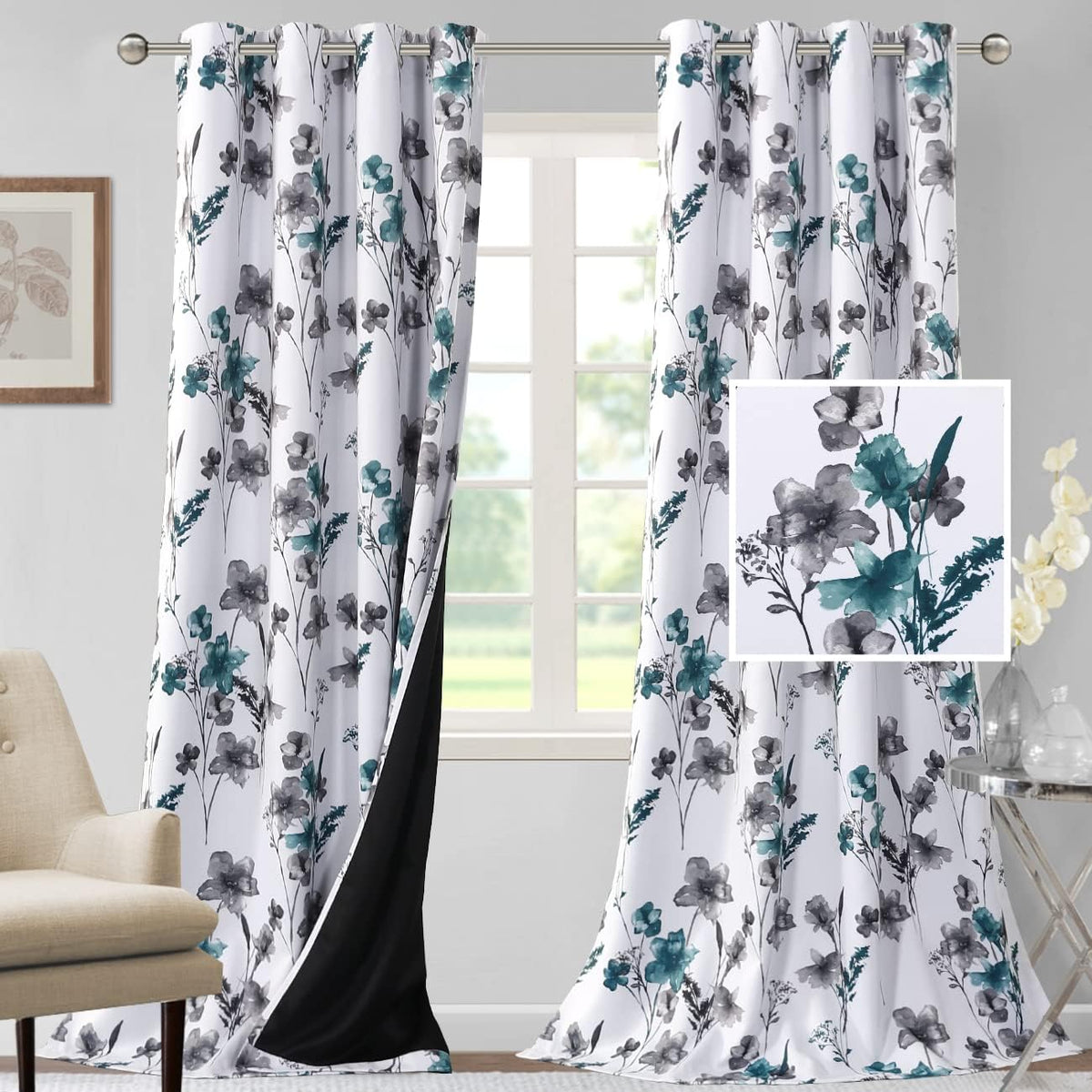 H.VERSAILTEX 100% Blackout Curtains for Living Room Camellia Floral 84 Inches Long Light Blocking Window Treatment with Black Liner Grommet Thermal Drapes, 2 Panels, Grey