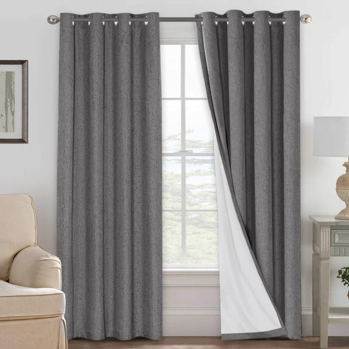 2 pcs  H.VERSAILTEX 100% Blackout Linen Curtains Full Light Blocking Curtains for Bedroom, Textured Window Curtains for Living Room, Energy Efficient Curtains White Liner