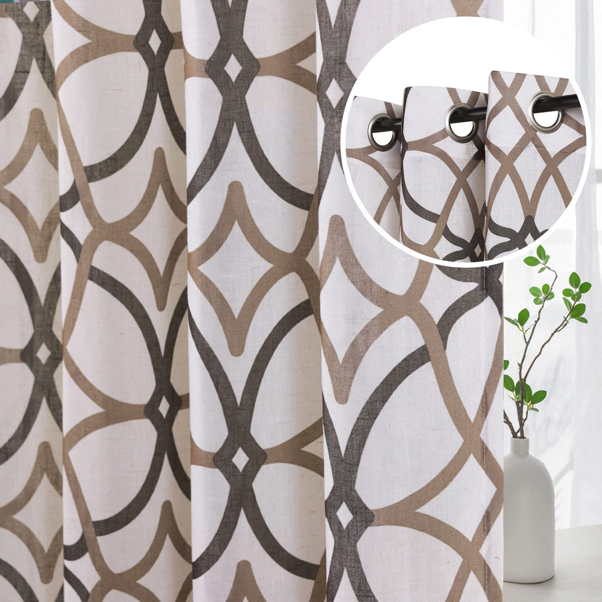 H.VERSAILTEX Linen Curtains 84 Inch Length 2 Panels Linen Sheer Curtains Textured Flax Window Curtain Draps for Living Room, Privacy Modern Printed Grommet Curtains Geometric Teal/Taupe