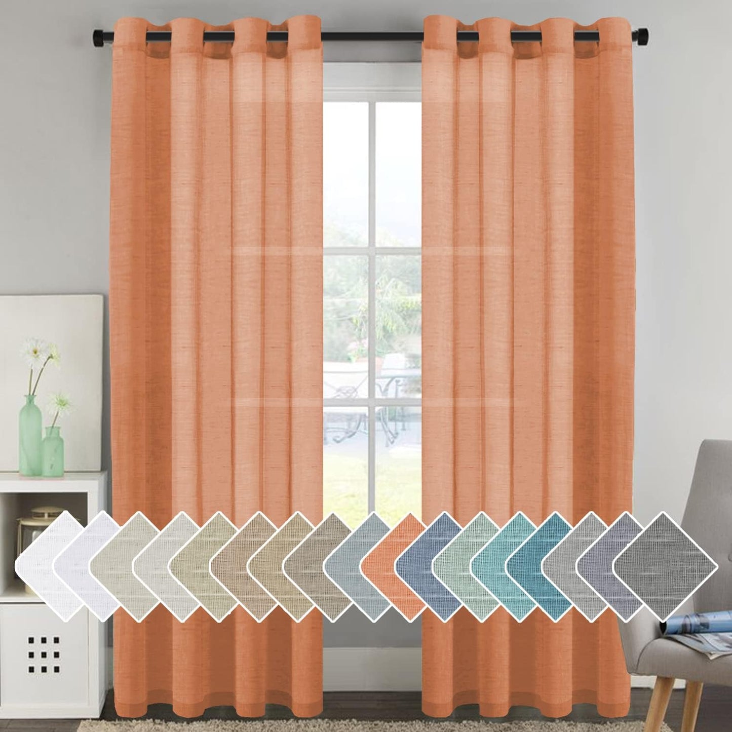 2pcs H.VERSAILTEX Natural Linen Sheer Curtains Flax Linen Blended Curtain Panels Living Room Sheer Curtains, Nickel Grommet Semitransparent Semi-Sheer Soft Privacy Drapes