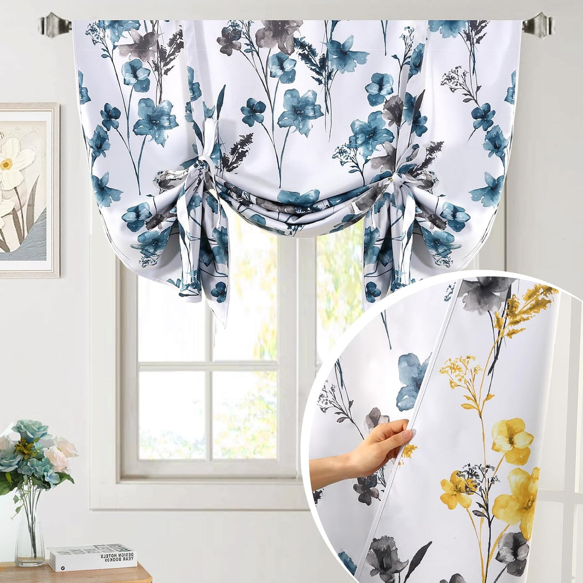 H.VERSAILTEX Tie Up Curtain Double Sided Cattleya Floral Printed Window Valance Balloon Roman Curtain, Rod Pocket - Reversible in Blue/Coral - W 42 x L 36