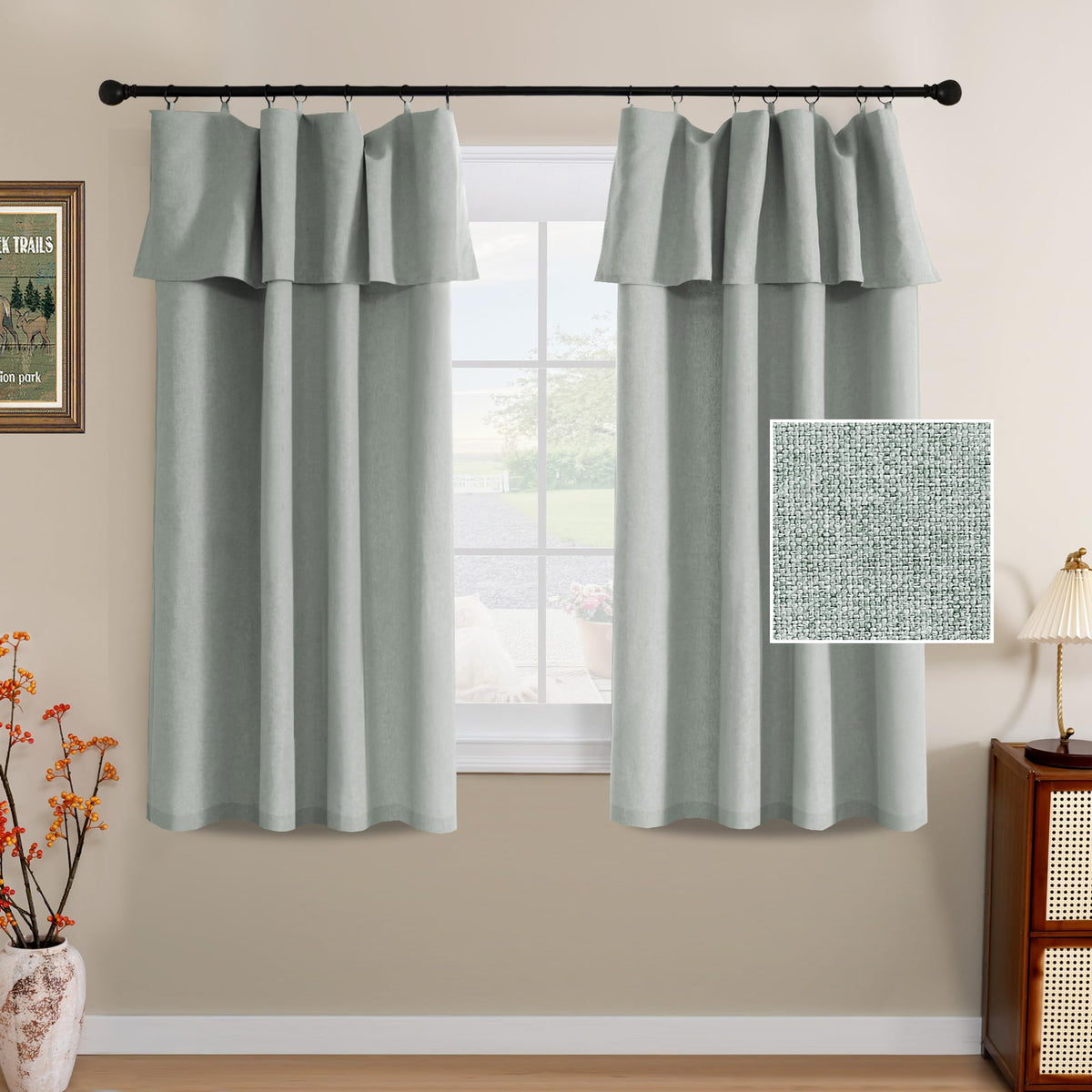 H.VERSAILTEX Linen Curtains with Valance 84 Inch Long 2 Panels Farmhouse Boho Privacy Window Curtains for Living Room Bedroom Ring/Rod Pocket Privacy Light Filtering Drapes, 52x 84 Inch, Heather Sage