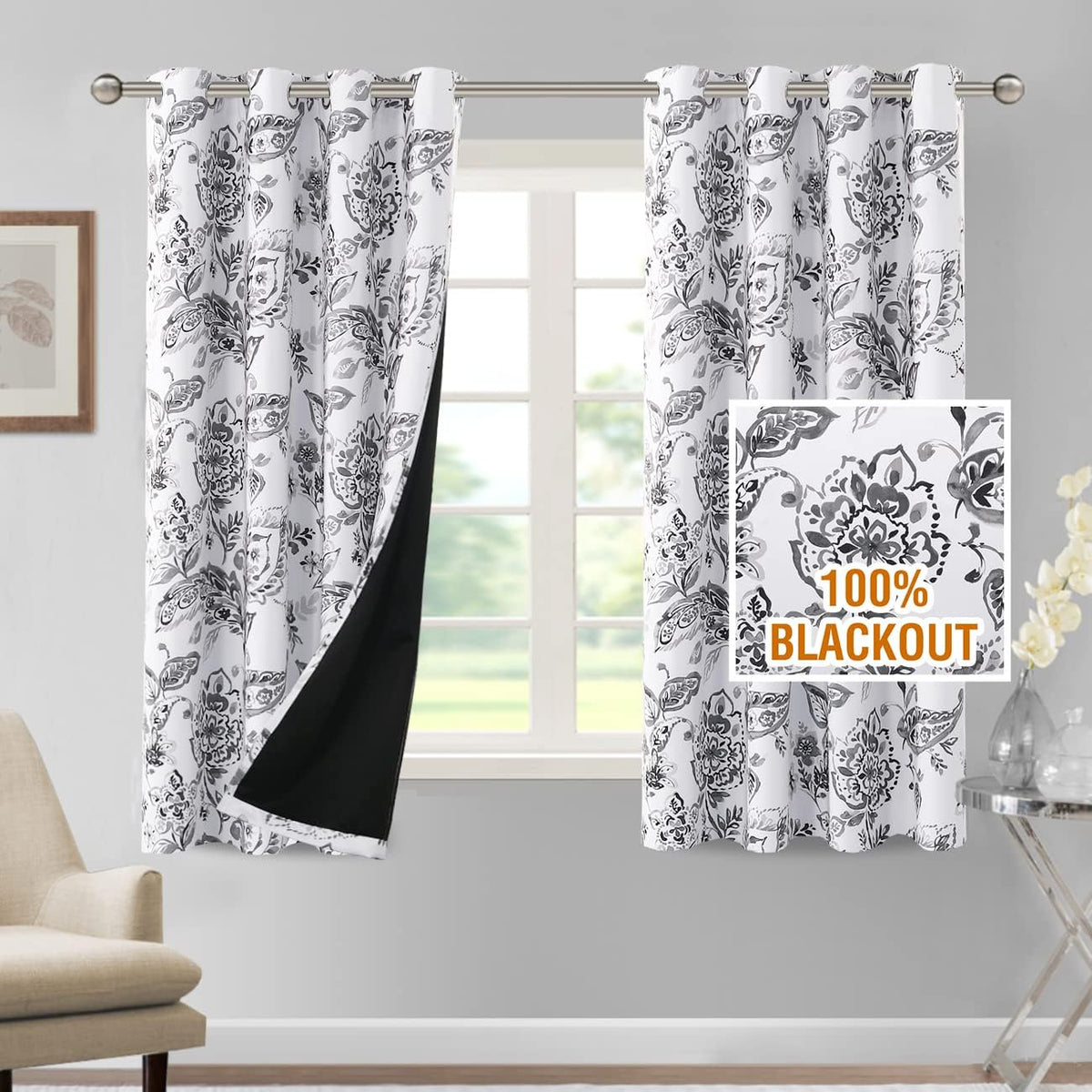 H.VERSAILTEX 100% Blackout Curtains for Living Room Camellia Floral 84 Inches Long Light Blocking Window Treatment with Black Liner Grommet Thermal Drapes, 2 Panels, Grey