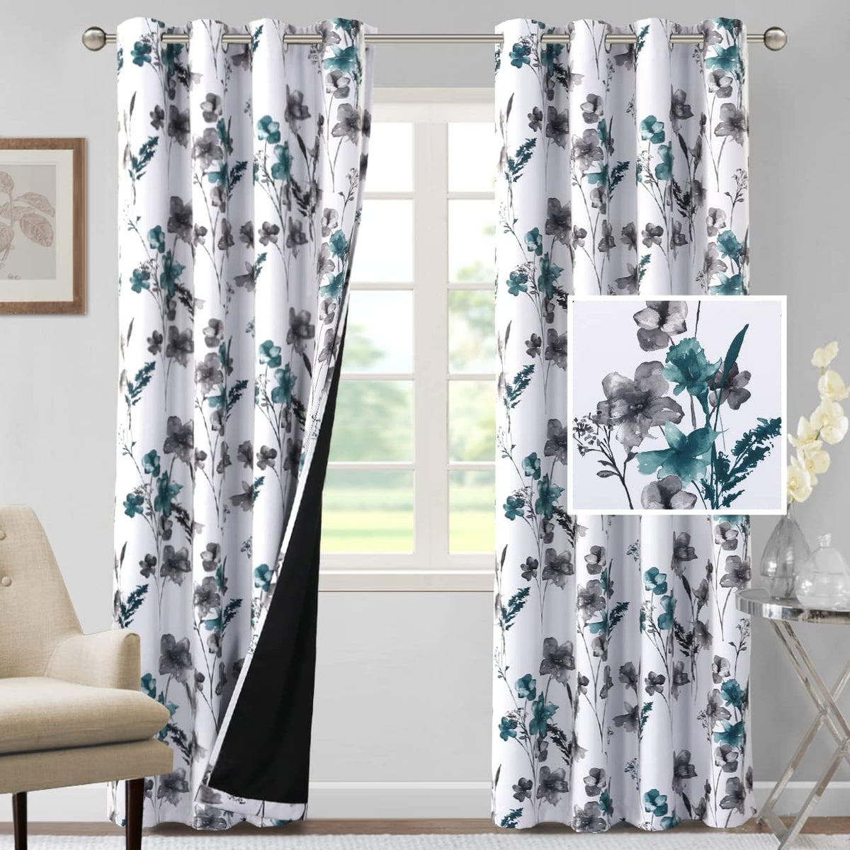 H.VERSAILTEX 100% Blackout Curtains for Living Room Camellia Floral 84 Inches Long Light Blocking Window Treatment with Black Liner Grommet Thermal Drapes, 2 Panels, Grey