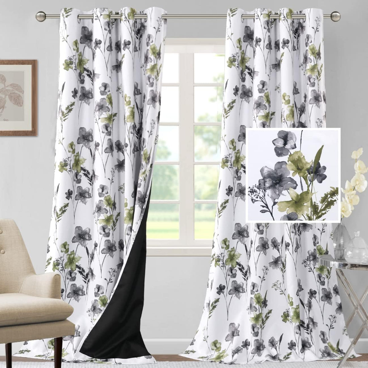 H.VERSAILTEX 100% Blackout Curtains for Living Room Camellia Floral 84 Inches Long Light Blocking Window Treatment with Black Liner Grommet Thermal Drapes, 2 Panels, Grey