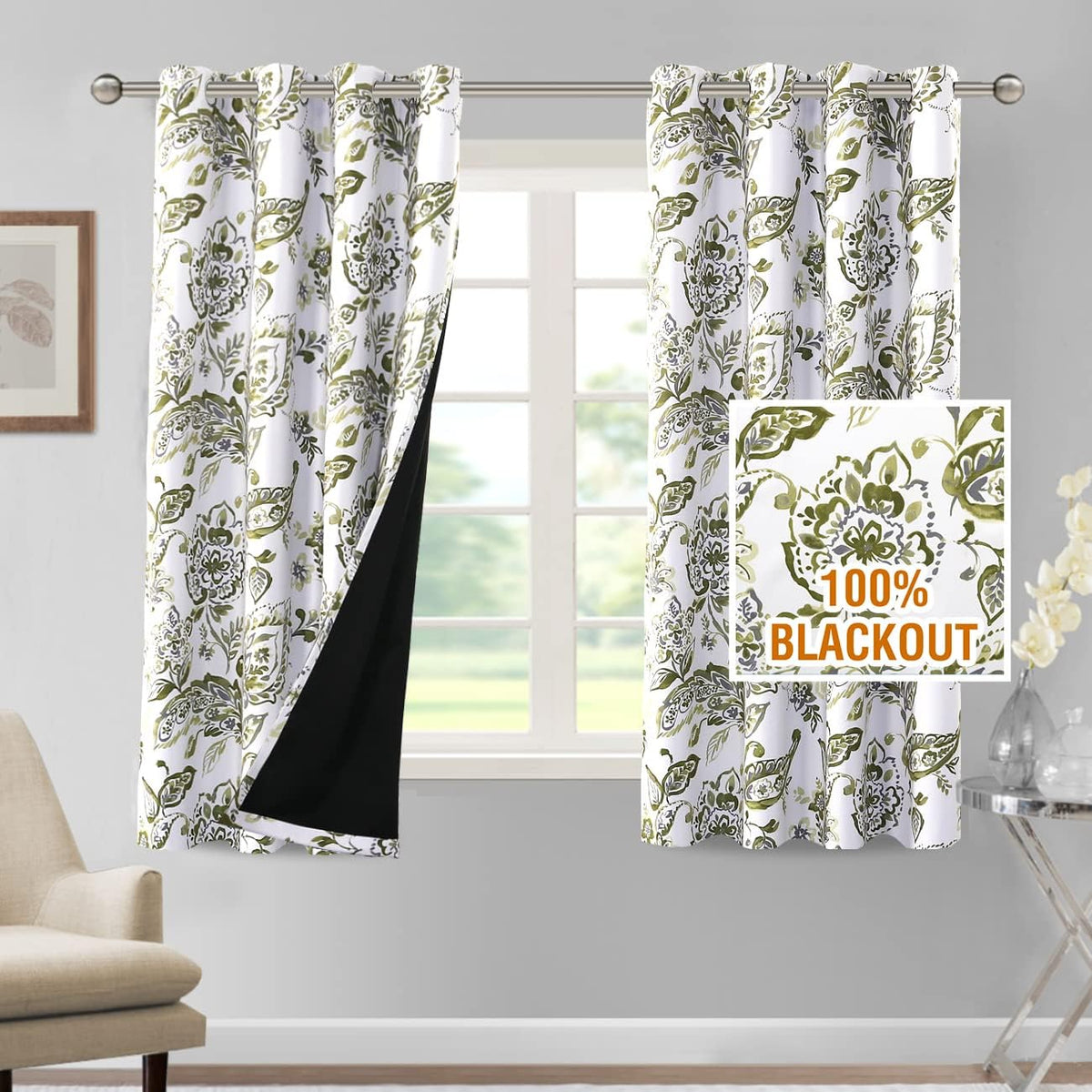 H.VERSAILTEX 100% Blackout Curtains for Living Room Camellia Floral 84 Inches Long Light Blocking Window Treatment with Black Liner Grommet Thermal Drapes, 2 Panels, Grey