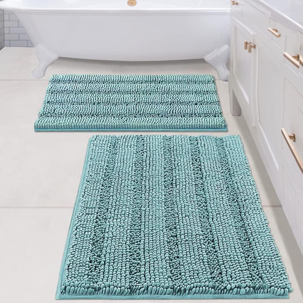 2pcs H.VERSAILTEX Sage Bathroom Rugs, Bath Mat Set of 2 Extra Thick Chenille Striped Pattern Shaggy Bath Rugs for Bathroom, Non Skid Bath Mats for Bathroom Floor