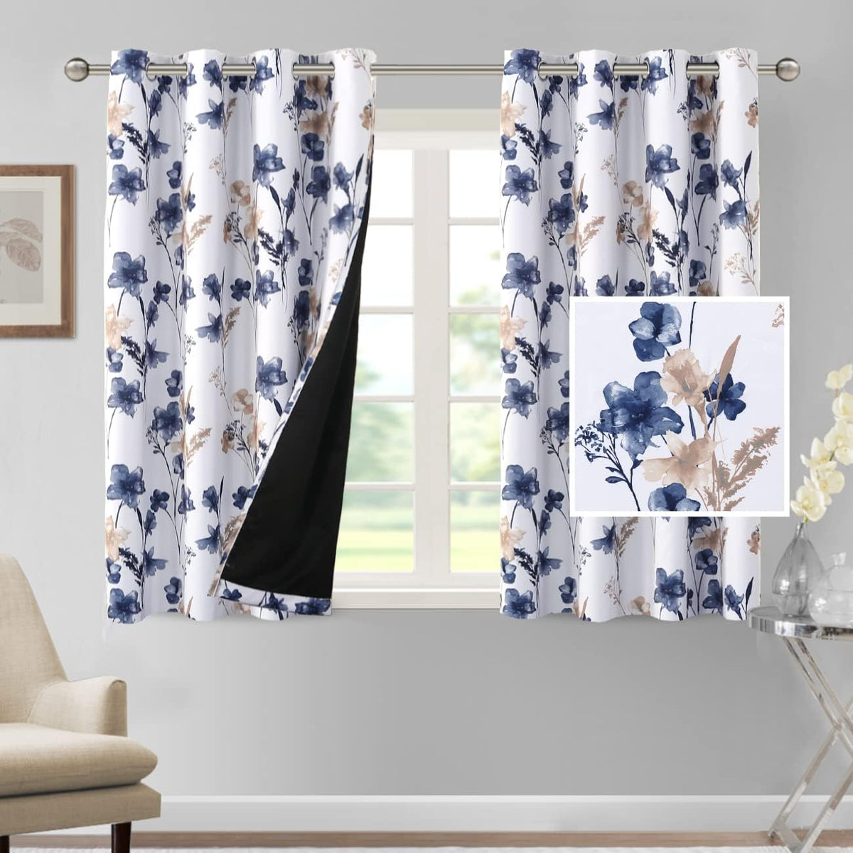 H.VERSAILTEX 100% Blackout Curtains for Living Room Camellia Floral 84 Inches Long Light Blocking Window Treatment with Black Liner Grommet Thermal Drapes, 2 Panels, Grey