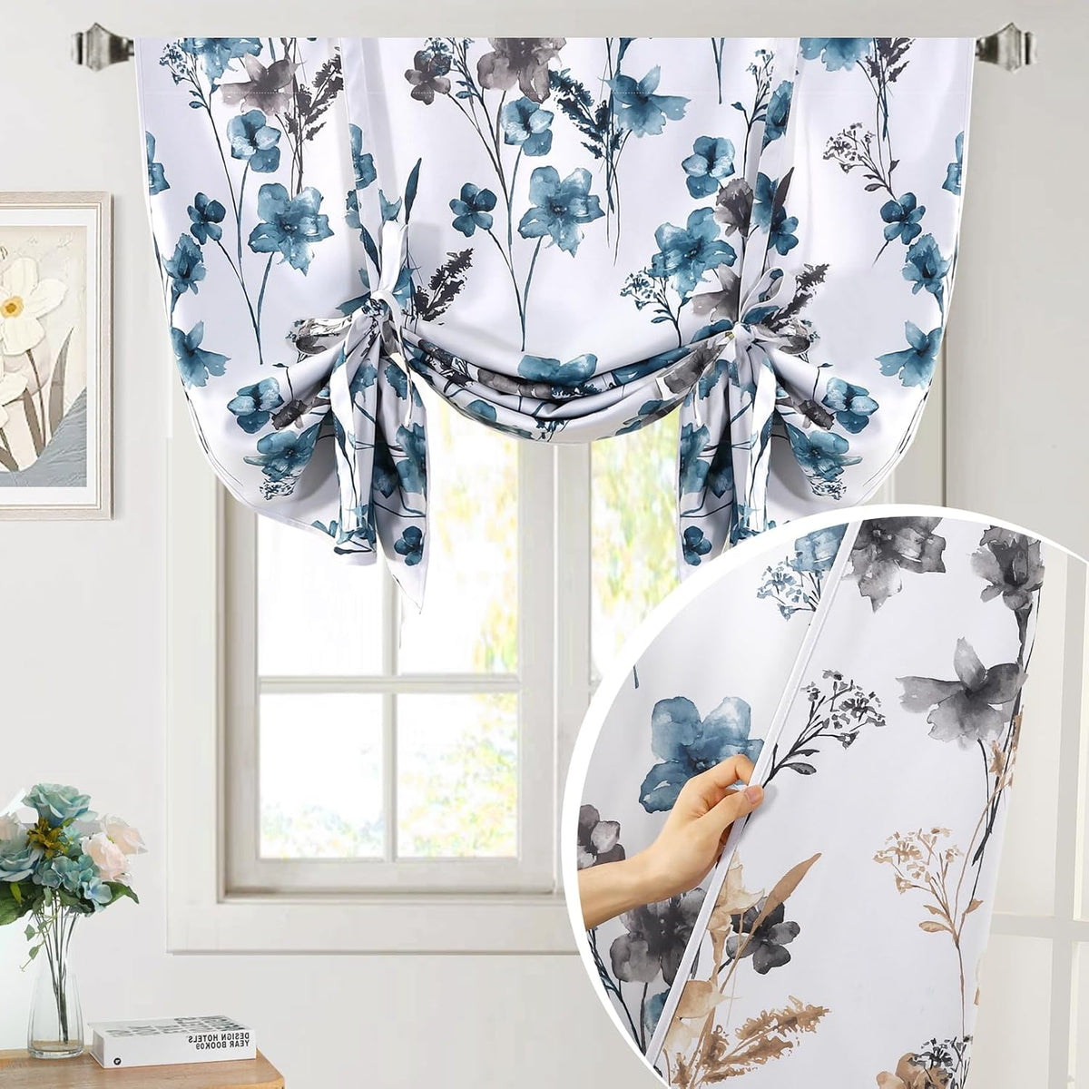 H.VERSAILTEX Tie Up Curtain Double Sided Cattleya Floral Printed Window Valance Balloon Roman Curtain, Rod Pocket - Reversible in Blue/Coral - W 42 x L 36