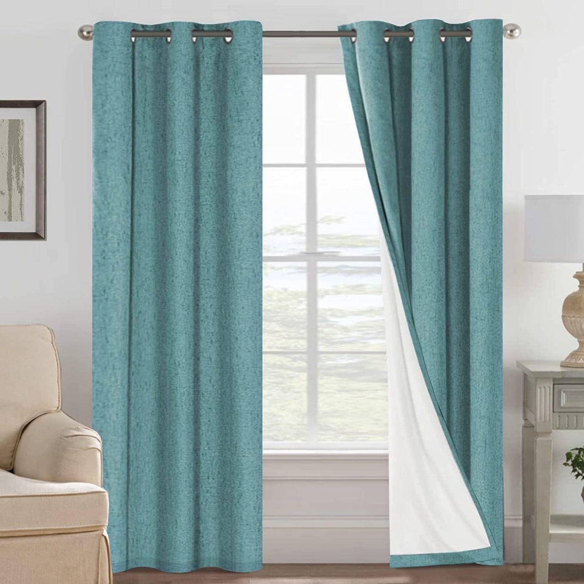 2pcs H.VERSAILTEX Blackout Linen Curtains, 100% Blackout Drapes Textured Blackout Curtains with White Thermal Insulated Liner, Grommet Top Curtains Living Room