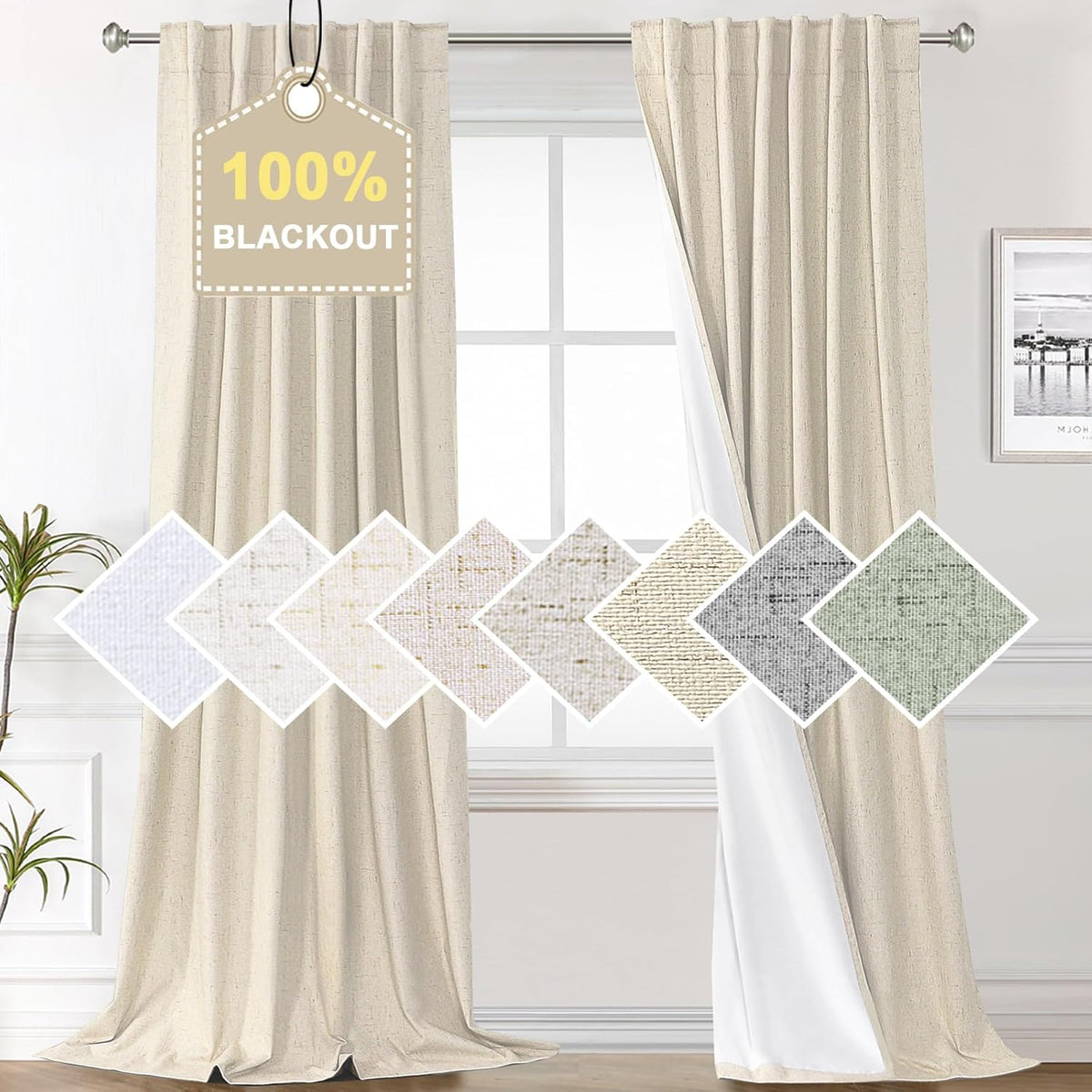100% Blackout Curtains for Bedroom Faux Linen Texture Thermal Back Tab/Rod Pocket/Hook Belt Draperies 2 Panels