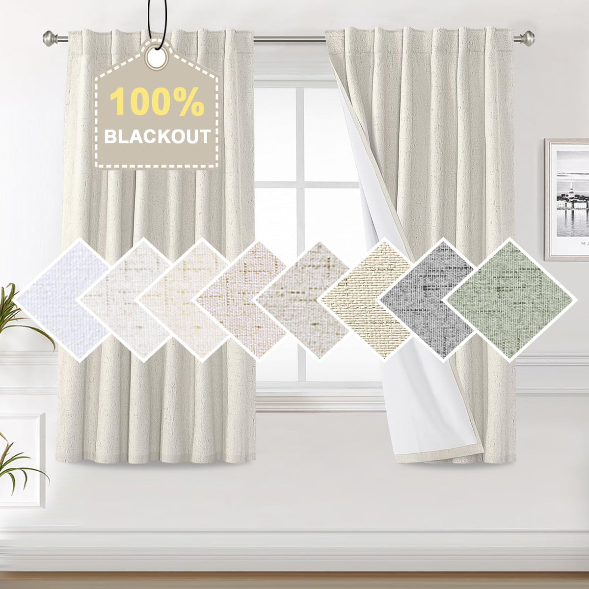 100% Blackout Curtains for Bedroom Faux Linen Texture Thermal Back Tab/Rod Pocket/Hook Belt Draperies 2 Panels