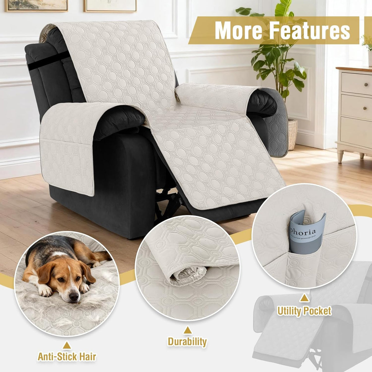 H.VERSAILTEX 100% Waterproof Recliner Chair Covers, Recliner Covers Non-Slip Stay in Place, Thick Cover for Recliner Chair with Pocket, Dog Couch Cover Protector Washable(Beige, 28")