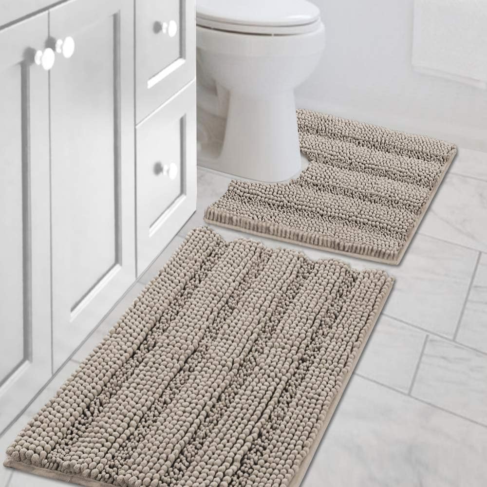 2pcs H.VERSAILTEX Sage Bathroom Rugs, Bath Mat Set of 2 Extra Thick Chenille Striped Pattern Shaggy Bath Rugs for Bathroom, Non Skid Bath Mats for Bathroom Floor