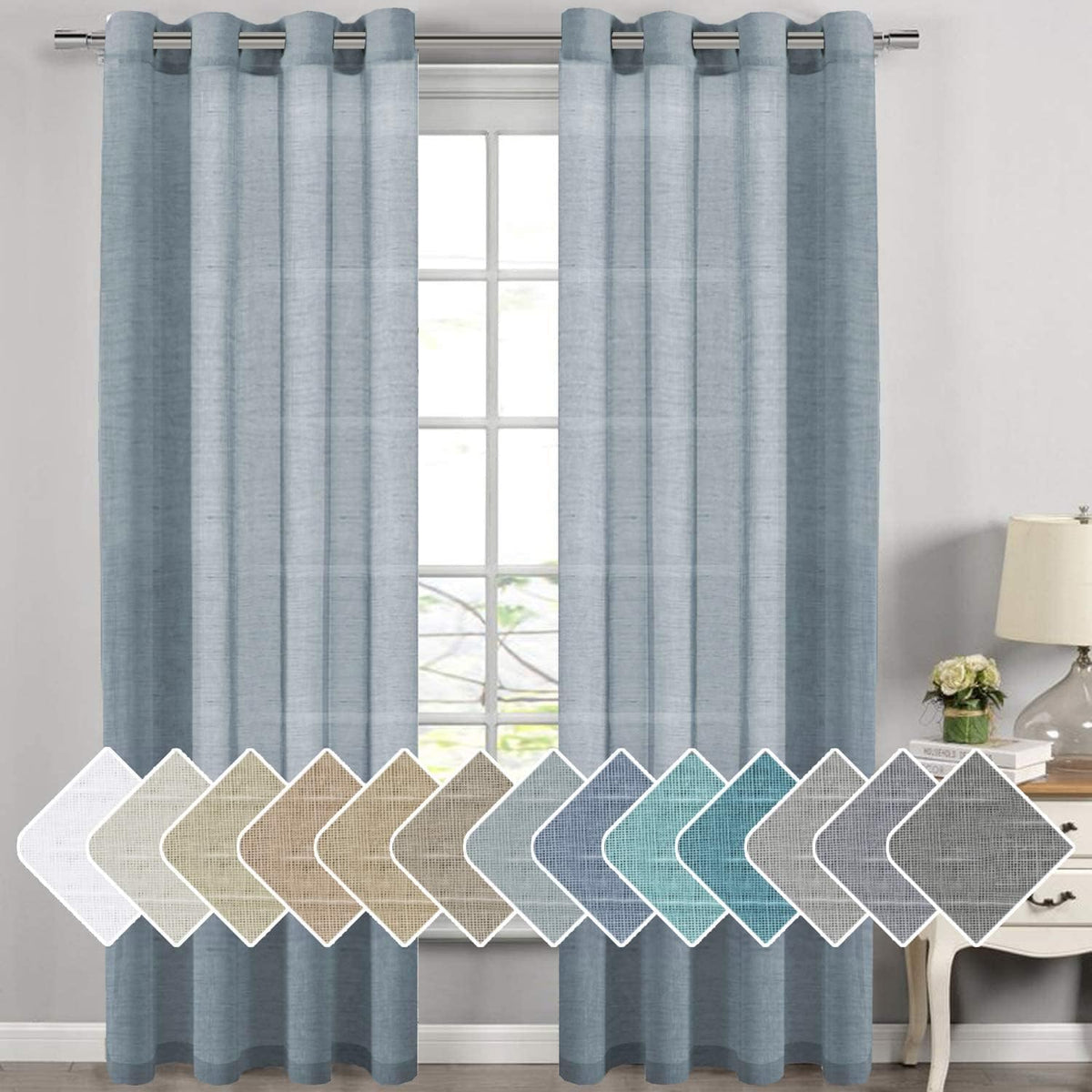 2pcs H.VERSAILTEX Natural Linen Sheer Curtains Flax Linen Blended Curtain Panels Living Room Sheer Curtains, Nickel Grommet Semitransparent Semi-Sheer Soft Privacy Drapes