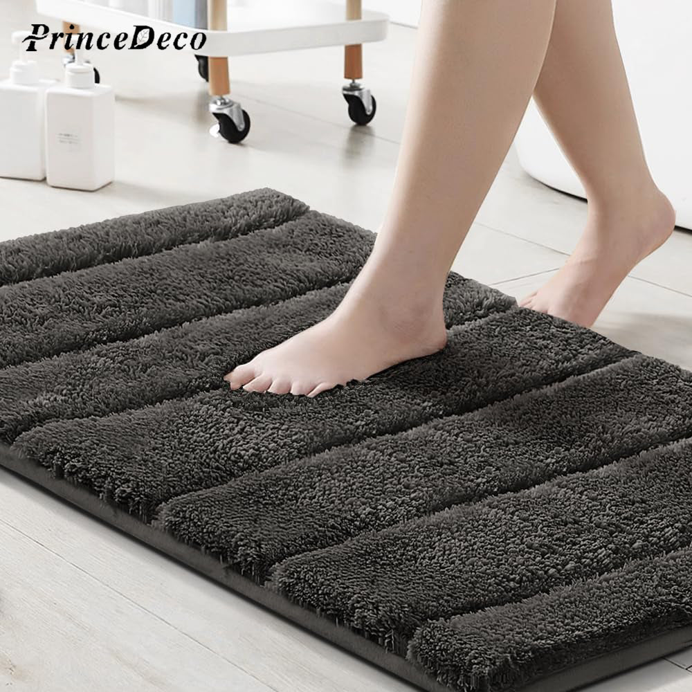 Prince Deco Bathroom Rugs Thick Velvet Bath Rug Super Shaggy Soft Non Slip Water Absorbent Striped Bath Mat, Dries Quickly Washable Fluffy Plush Bathroom Floor Rugs for Shower