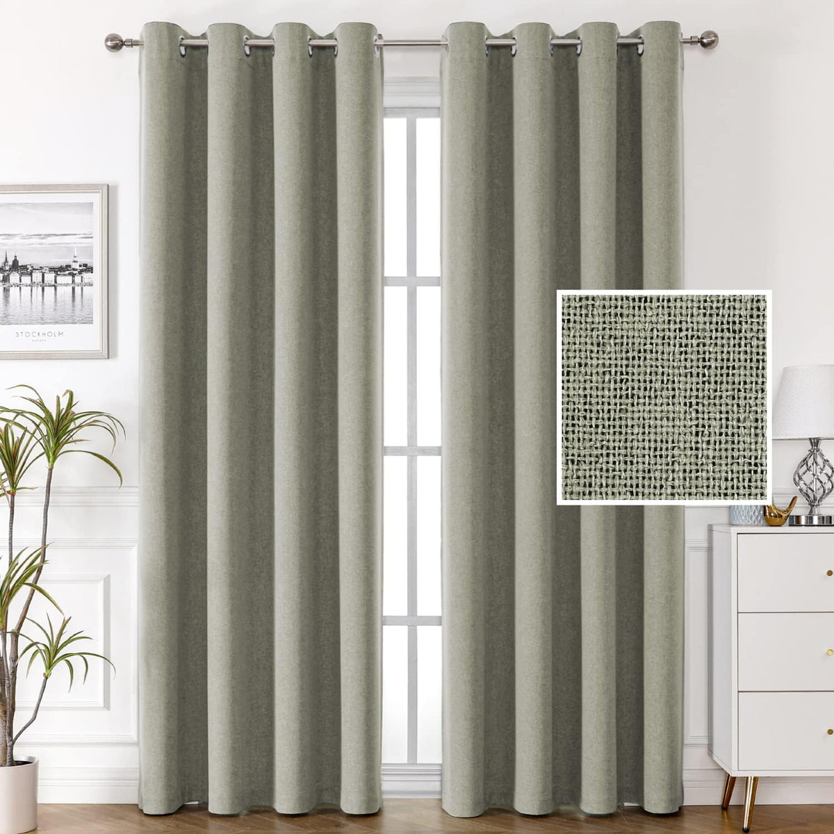 H.VERSAILTEX 100% Blackout Linen Curtains, Thermal Curtains for Living Room & Bedroom, Textured Burlap Curtains with Double Face Linen, Grommet Top, 52 x 84 Inch, 2 Panels - Heather Ivory