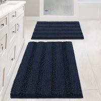 2pcs H.VERSAILTEX Sage Bathroom Rugs, Bath Mat Set of 2 Extra Thick Chenille Striped Pattern Shaggy Bath Rugs for Bathroom, Non Skid Bath Mats for Bathroom Floor