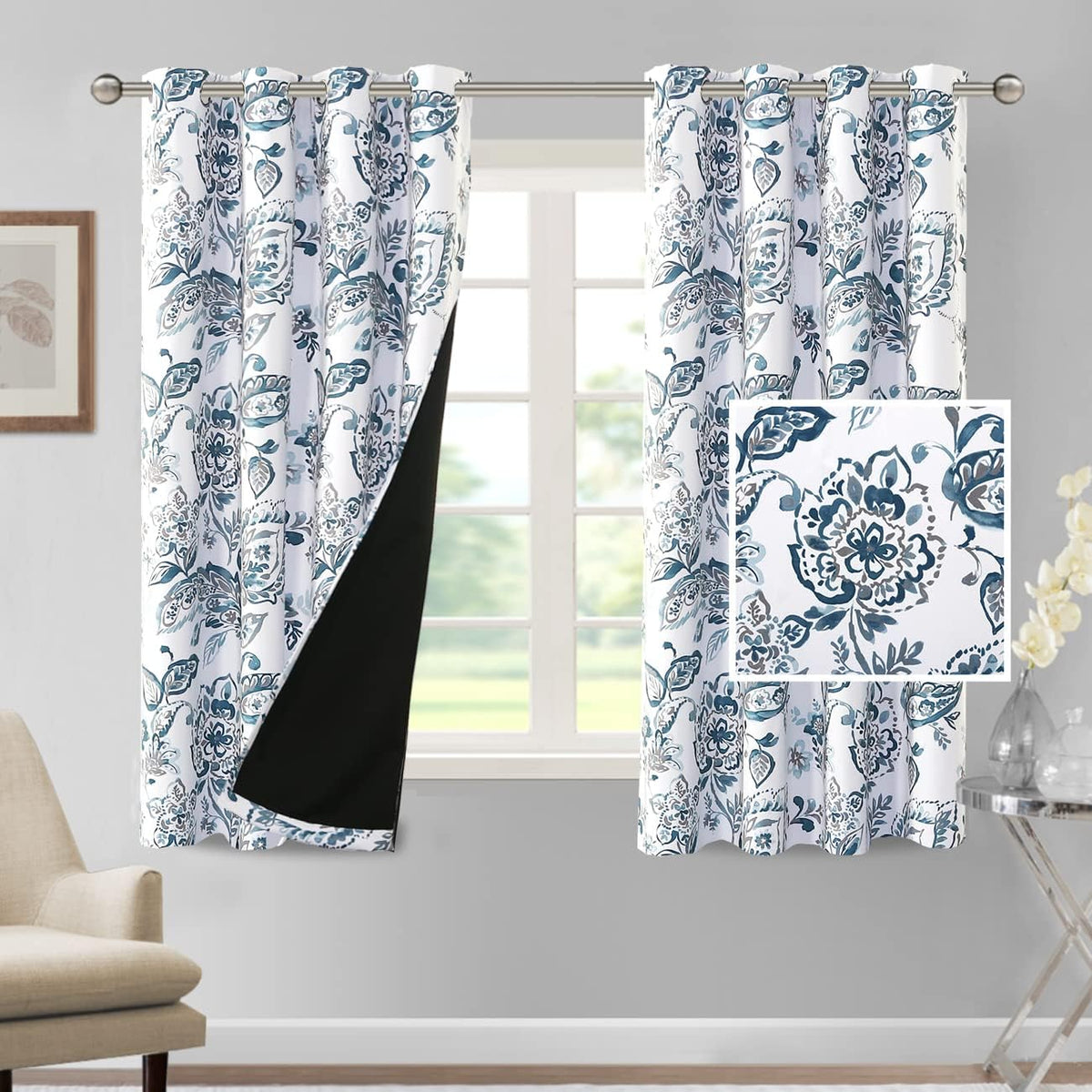 H.VERSAILTEX 100% Blackout Curtains for Living Room Camellia Floral 84 Inches Long Light Blocking Window Treatment with Black Liner Grommet Thermal Drapes, 2 Panels, Grey