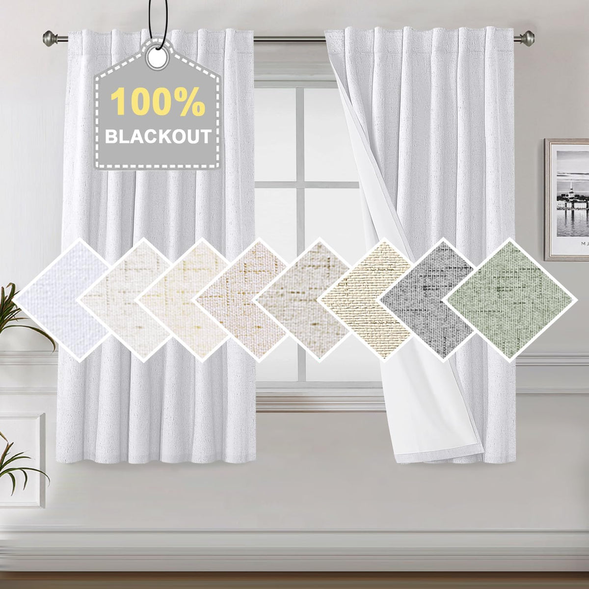 100% Blackout Curtains for Bedroom Faux Linen Texture Thermal Back Tab/Rod Pocket/Hook Belt Draperies 2 Panels