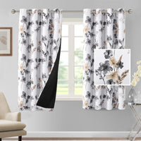 H.VERSAILTEX 100% Blackout Curtains for Living Room Camellia Floral 84 Inches Long Light Blocking Window Treatment with Black Liner Grommet Thermal Drapes, 2 Panels, Grey