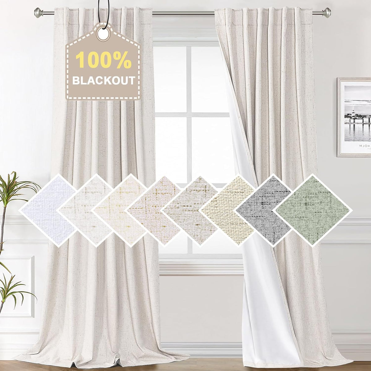 100% Blackout Curtains for Bedroom Faux Linen Texture Thermal Back Tab/Rod Pocket/Hook Belt Draperies 2 Panels