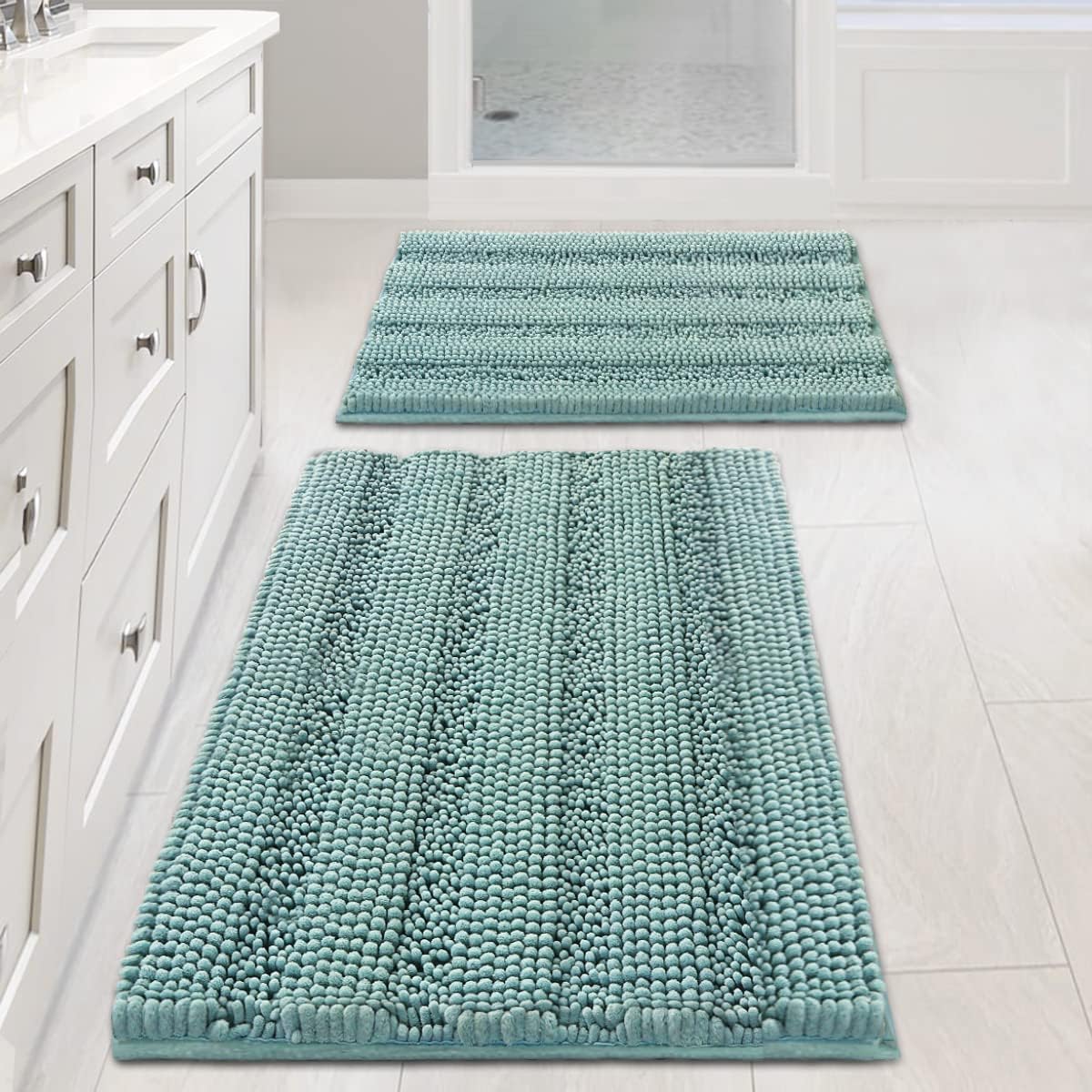 2pcs H.VERSAILTEX Sage Bathroom Rugs, Bath Mat Set of 2 Extra Thick Chenille Striped Pattern Shaggy Bath Rugs for Bathroom, Non Skid Bath Mats for Bathroom Floor