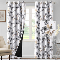 H.VERSAILTEX 100% Blackout Curtains for Living Room Camellia Floral 84 Inches Long Light Blocking Window Treatment with Black Liner Grommet Thermal Drapes, 2 Panels, Grey