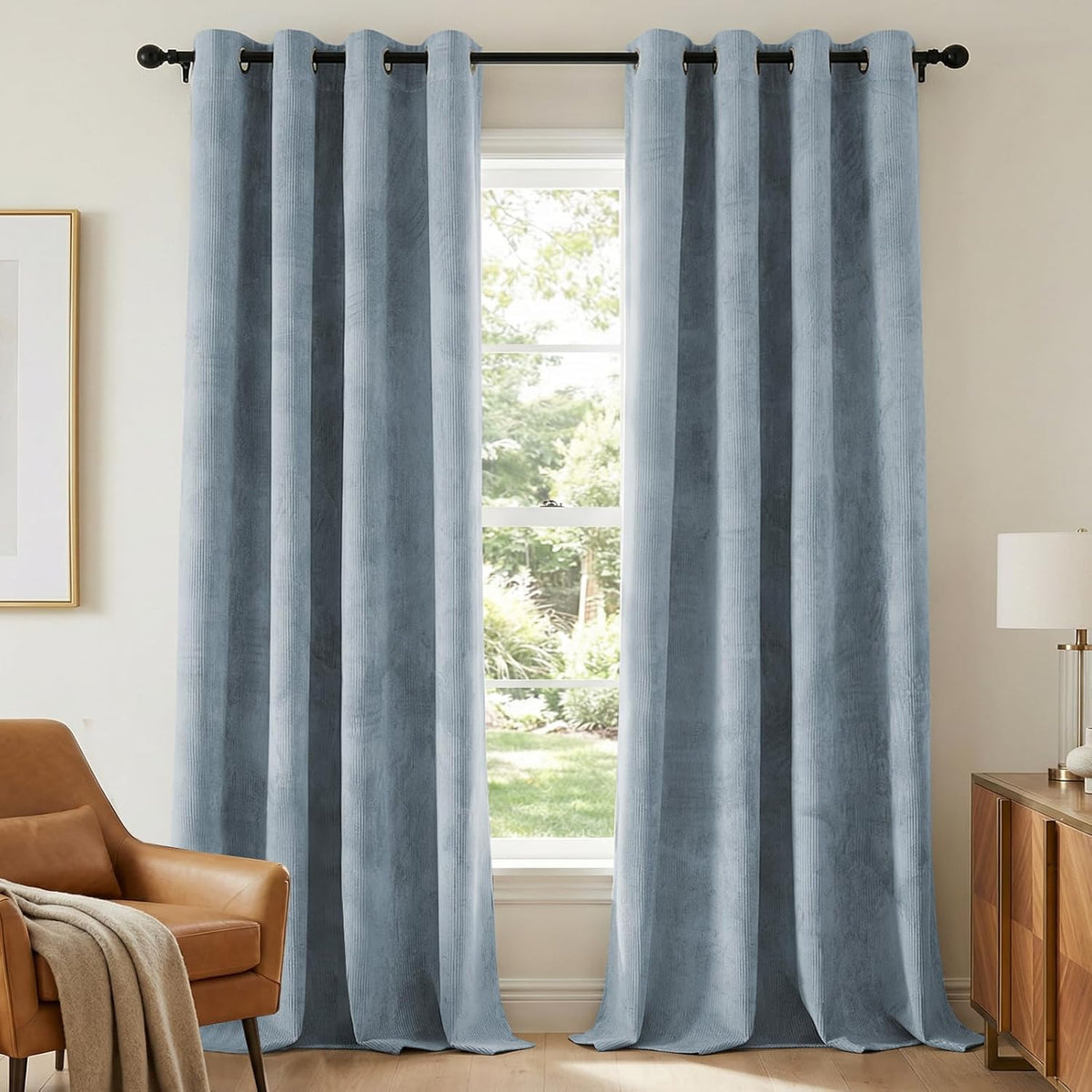 H.VERSAILTEX Velvet 100% Blackout Curtains for Living Room Full Light Blocking Curtains Thermal Insulated Room Window Drapes Soft Luxury Curtains Grommet Top 2 Panels (55" W x 96" L, Stone Blue)