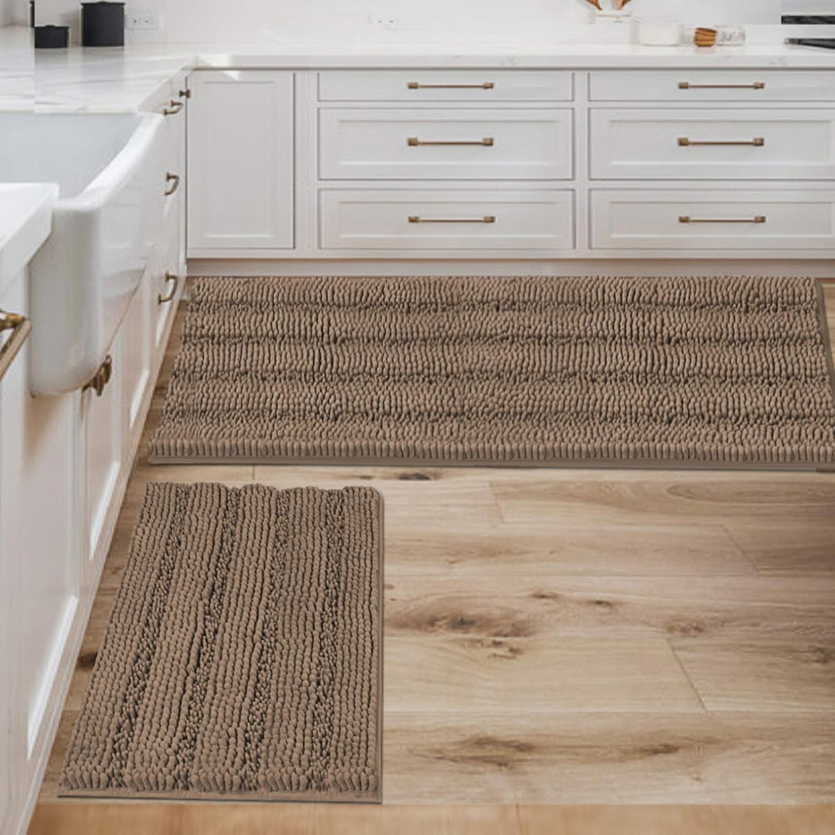 2pcs H.VERSAILTEX Sage Bathroom Rugs, Bath Mat Set of 2 Extra Thick Chenille Striped Pattern Shaggy Bath Rugs for Bathroom, Non Skid Bath Mats for Bathroom Floor