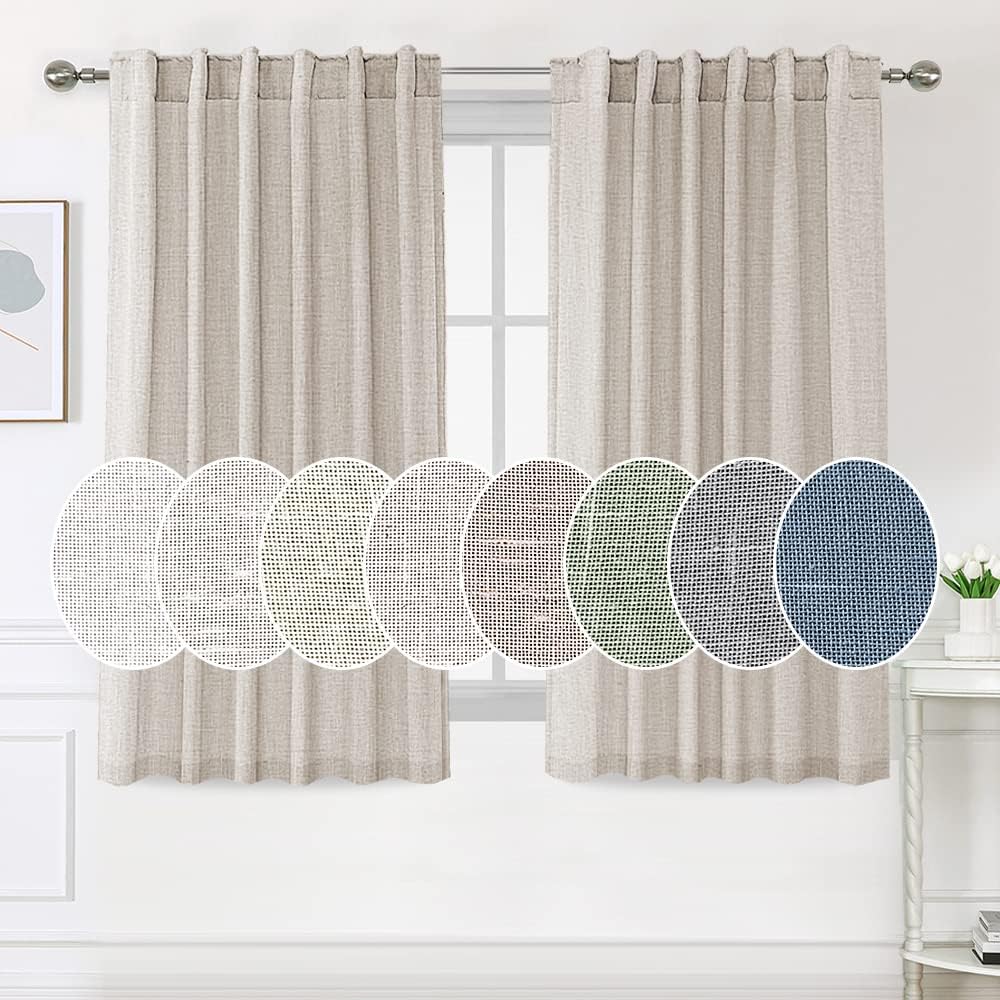 H.VERSAILTEX Natural Linen Curtains 45 inches Long for Living Room 2 Panels Back Tab Loop Pocket Linen Semi Sheer Curtains Light Filtering Rustic Farmhouse Boho Curtain for Bedroom