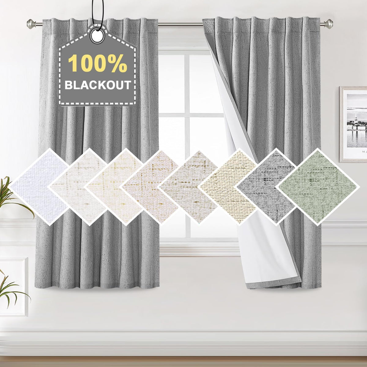 100% Blackout Curtains for Bedroom Faux Linen Texture Thermal Back Tab/Rod Pocket/Hook Belt Draperies 2 Panels